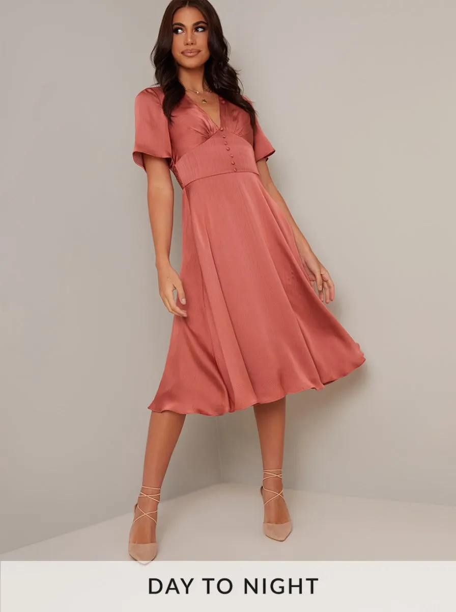 Ruffle Hem Cap Sleeve Silky Midi Dress in Orange sold by Chi Chi London product image thumbnail 4