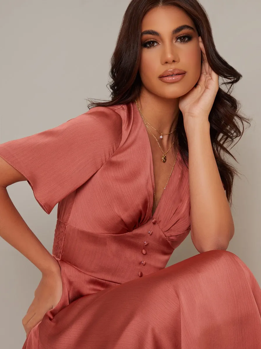 Ruffle Hem Cap Sleeve Silky Midi Dress in Orange sold by Chi Chi London product image thumbnail 2