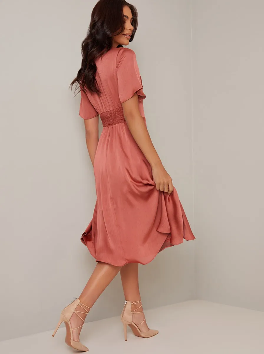 Ruffle Hem Cap Sleeve Silky Midi Dress in Orange sold by Chi Chi London product image thumbnail 3