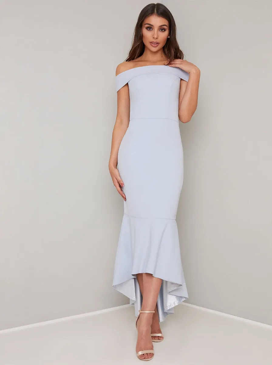 Bardot Fishtail Bodycon Dip Hem Dress in Blue sold by Chi Chi London