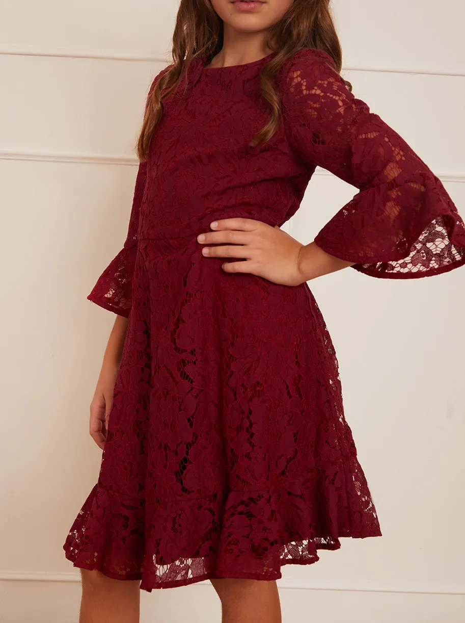 Older Girls Long Sleeve Lace Midi Dress in Berry sold by Chi Chi London product image thumbnail 4