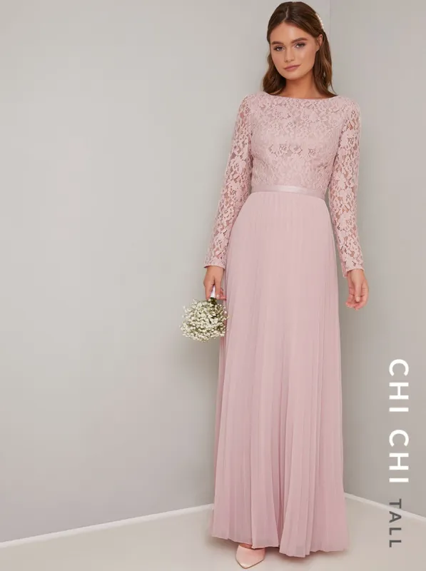 Tall Lace Long Sleeved Pleat Maxi Dress in Pink sold by Chi Chi London