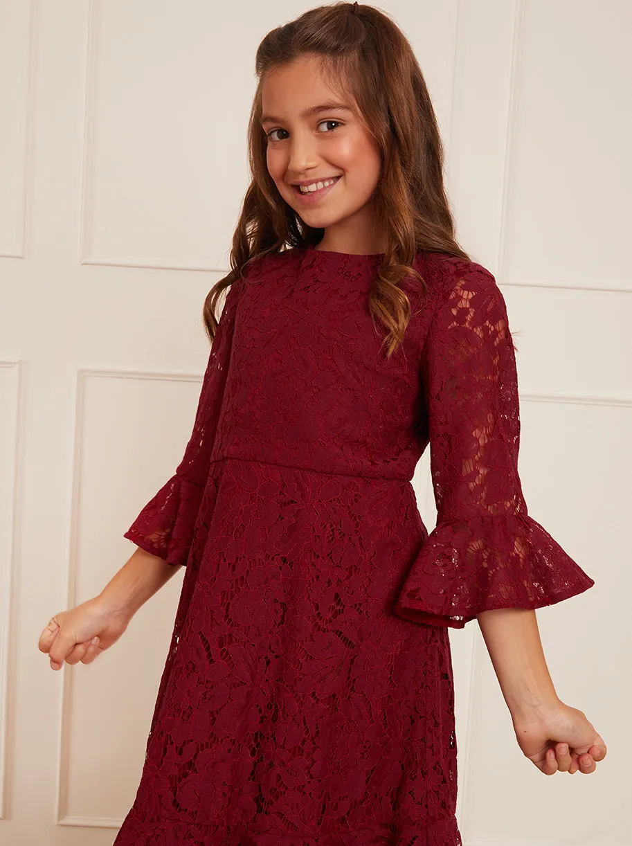 Older Girls Long Sleeve Lace Midi Dress in Berry sold by Chi Chi London product image thumbnail 3