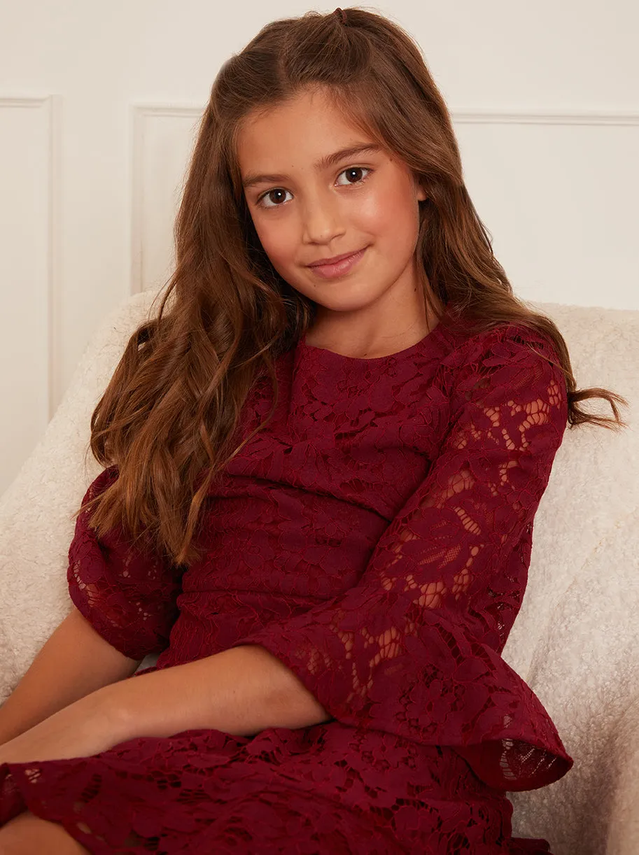 Older Girls Long Sleeve Lace Midi Dress in Berry sold by Chi Chi London product image thumbnail 2