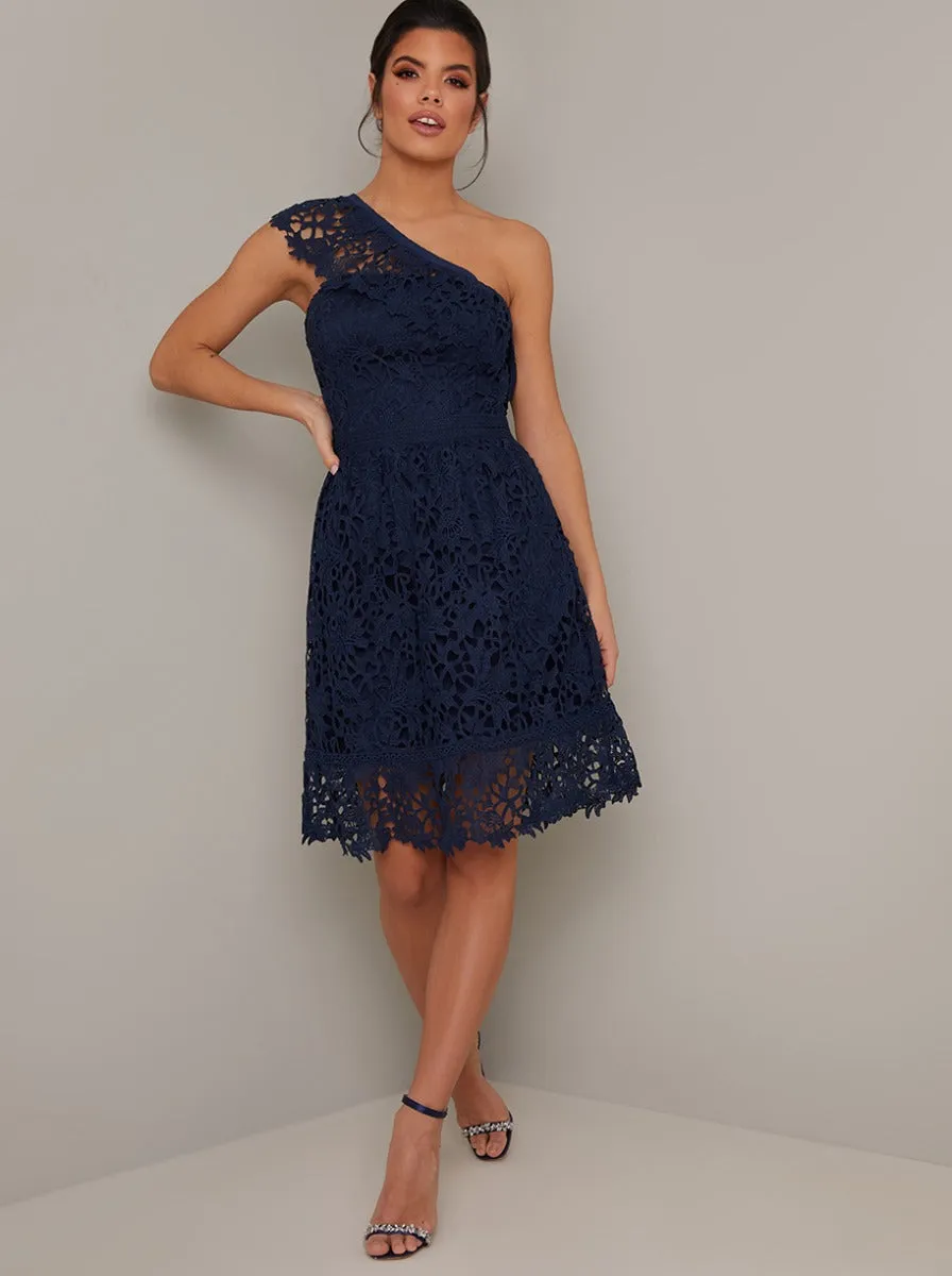 Lace Crochet Cross Shoulder Midi Dress in Blue sold by Chi Chi London