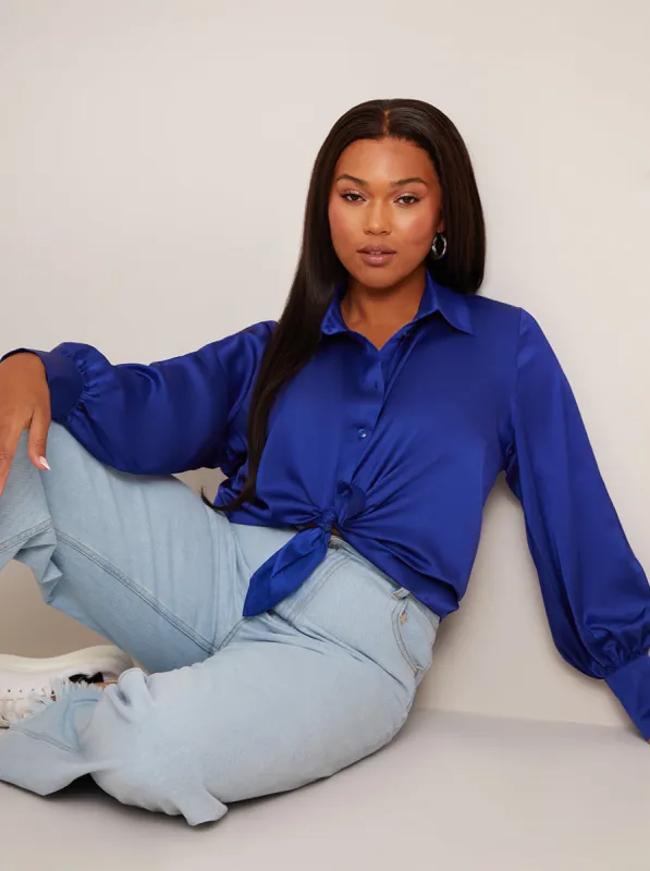 Long Sleeve Satin Shirt in Blue sold by Chi Chi London