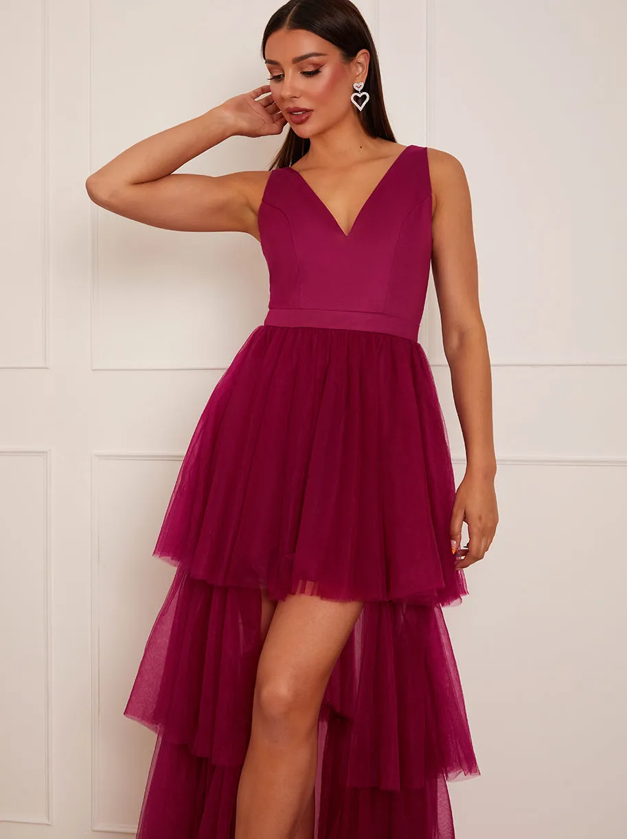 V Neck Tiered Tulle Dip Hem Dress in Berry sold by Chi Chi London product image thumbnail 3