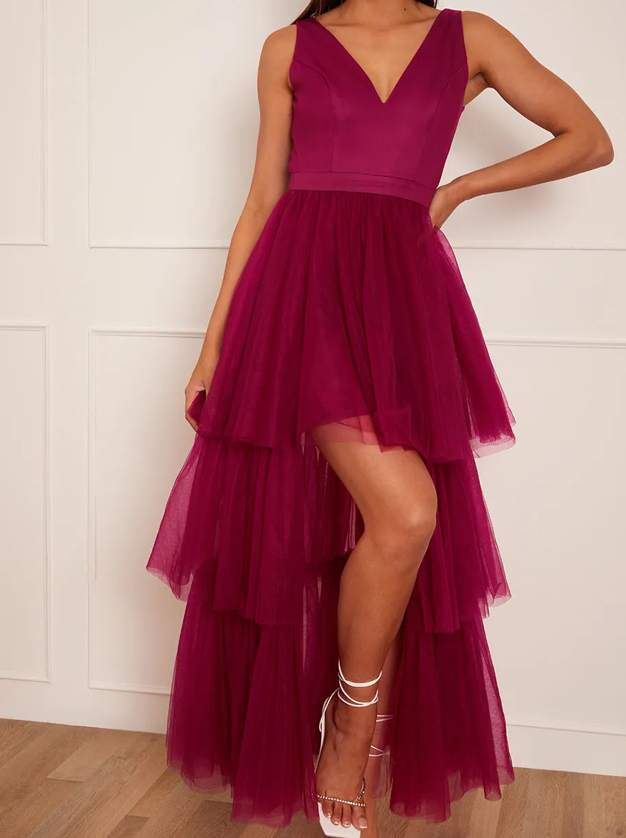 V Neck Tiered Tulle Dip Hem Dress in Berry sold by Chi Chi London product image thumbnail 4