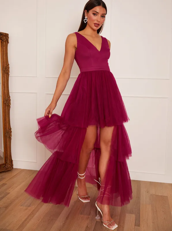 V Neck Tiered Tulle Dip Hem Dress in Berry sold by Chi Chi London