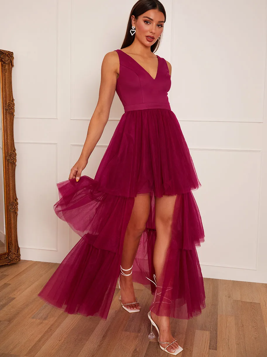 V Neck Tiered Tulle Dip Hem Dress in Berry sold by Chi Chi London