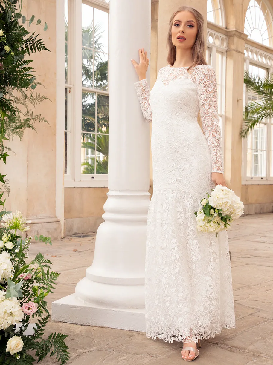 Bridal Long Sleeve Lace Maxi Wedding Dress in White sold by Chi Chi London product image thumbnail 4