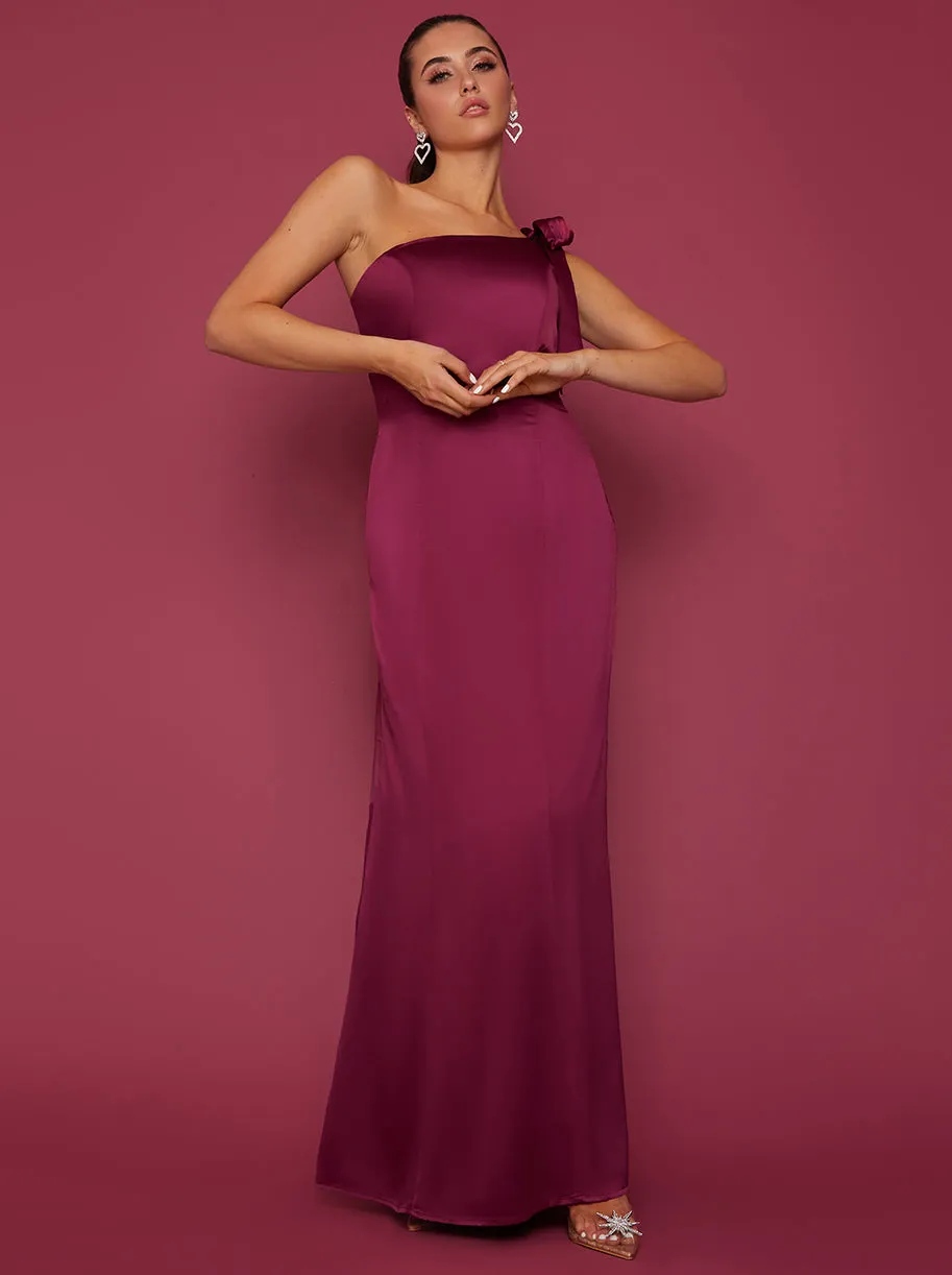 One-Shoulder Satin Maxi Dress in Wine sold by Chi Chi London product image thumbnail 3