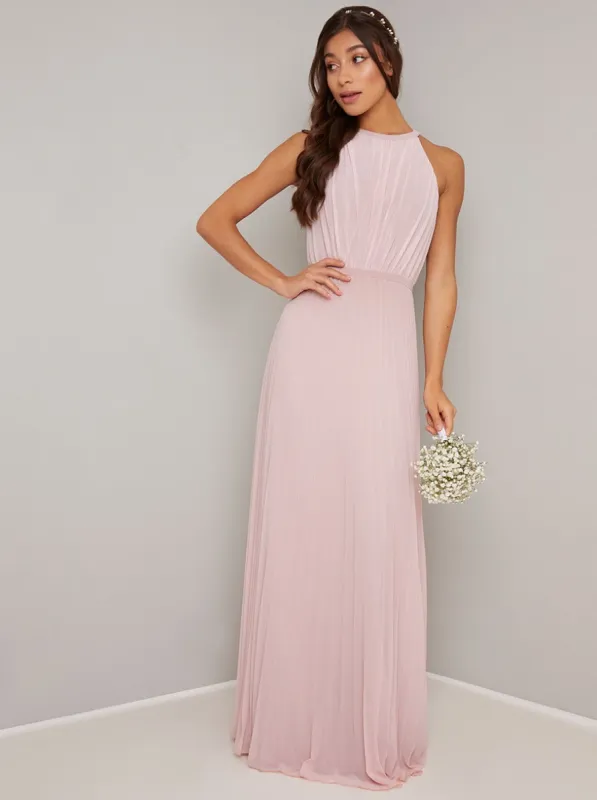 High Neck Pleated Maxi Evening Dress in Brown sold by Chi Chi London