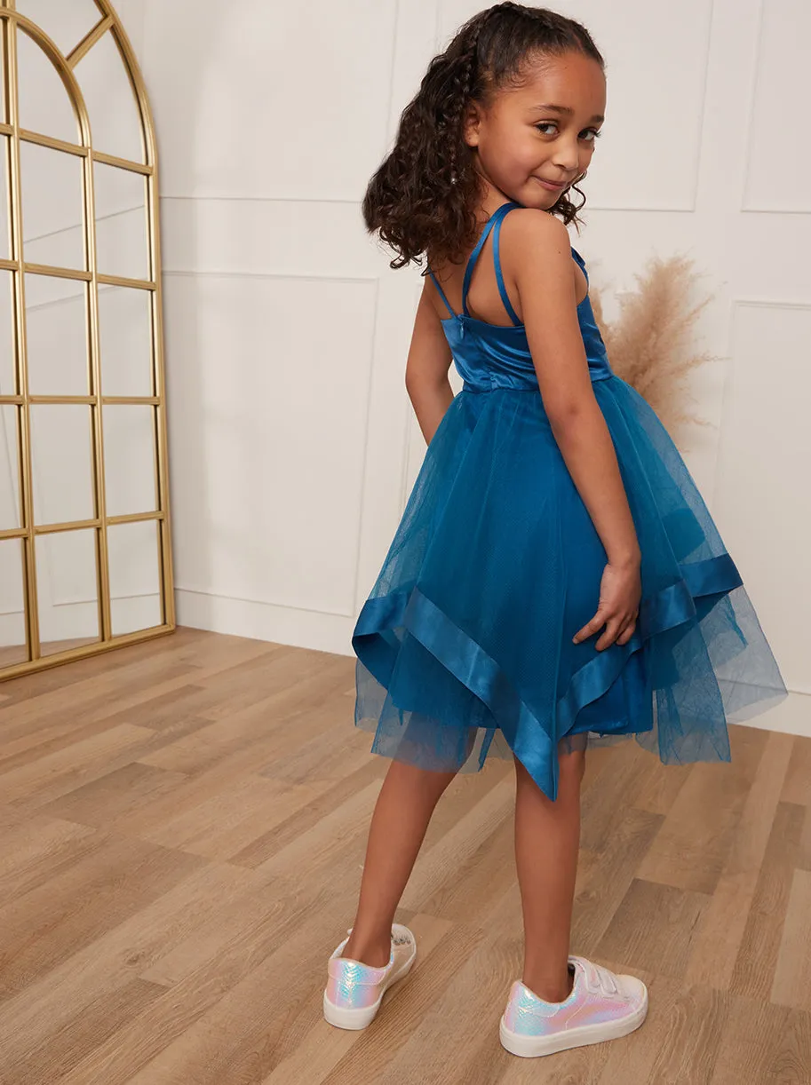 Younger Girls Embellished Tulle Layered Midi Dress in Teal sold by Chi Chi London product image thumbnail 2