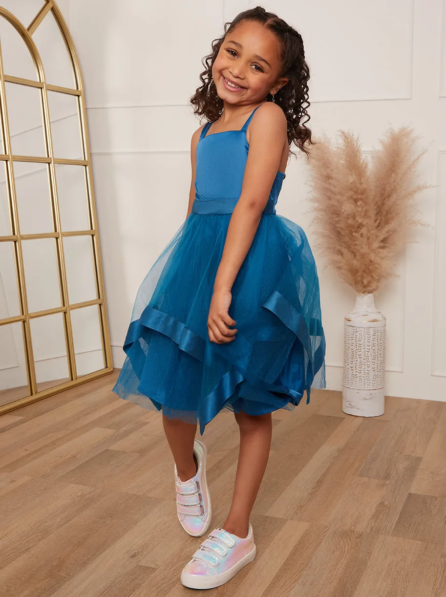 Younger Girls Embellished Tulle Layered Midi Dress in Teal sold by Chi Chi London
