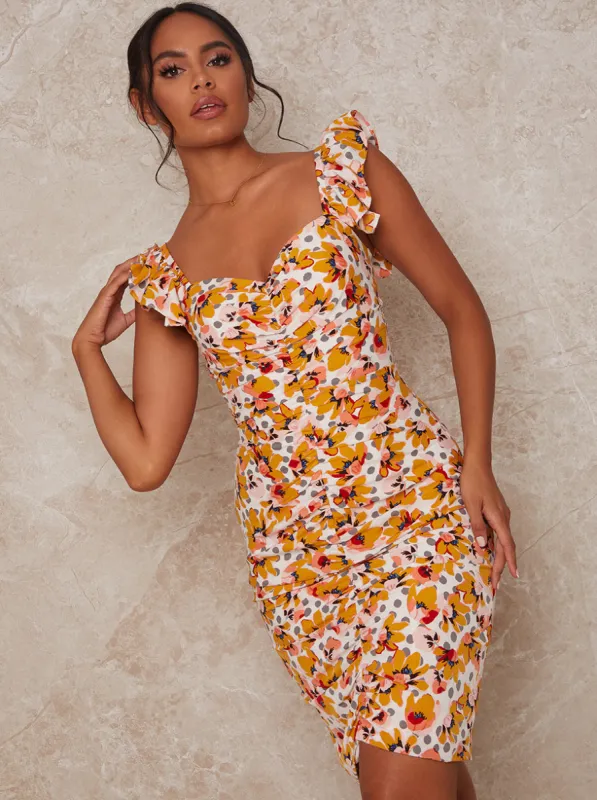 Ruffle Floral Print Bodycon Dress in Mustard sold by Chi Chi London