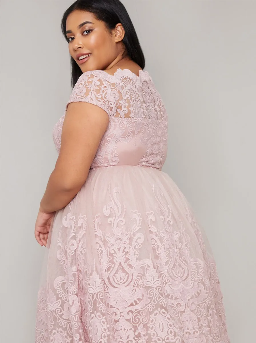 Cap Sleeve Embroidered Midi Curve Dress in Pink sold by Chi Chi London product image thumbnail 3