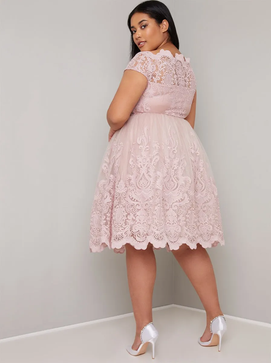 Cap Sleeve Embroidered Midi Curve Dress in Pink sold by Chi Chi London product image thumbnail 4