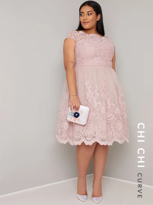 Cap Sleeve Embroidered Midi Curve Dress in Pink sold by Chi Chi London
