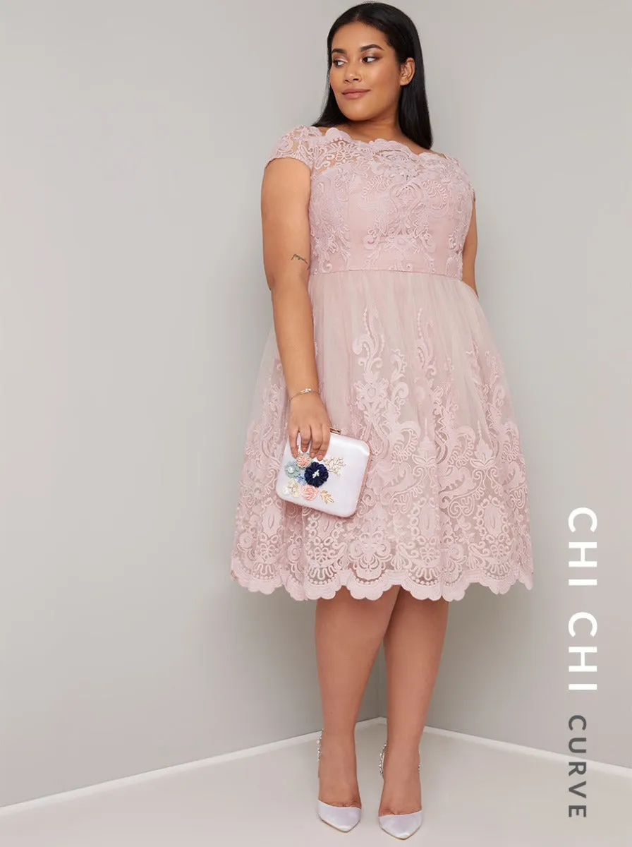 Cap Sleeve Embroidered Midi Curve Dress in Pink sold by Chi Chi London