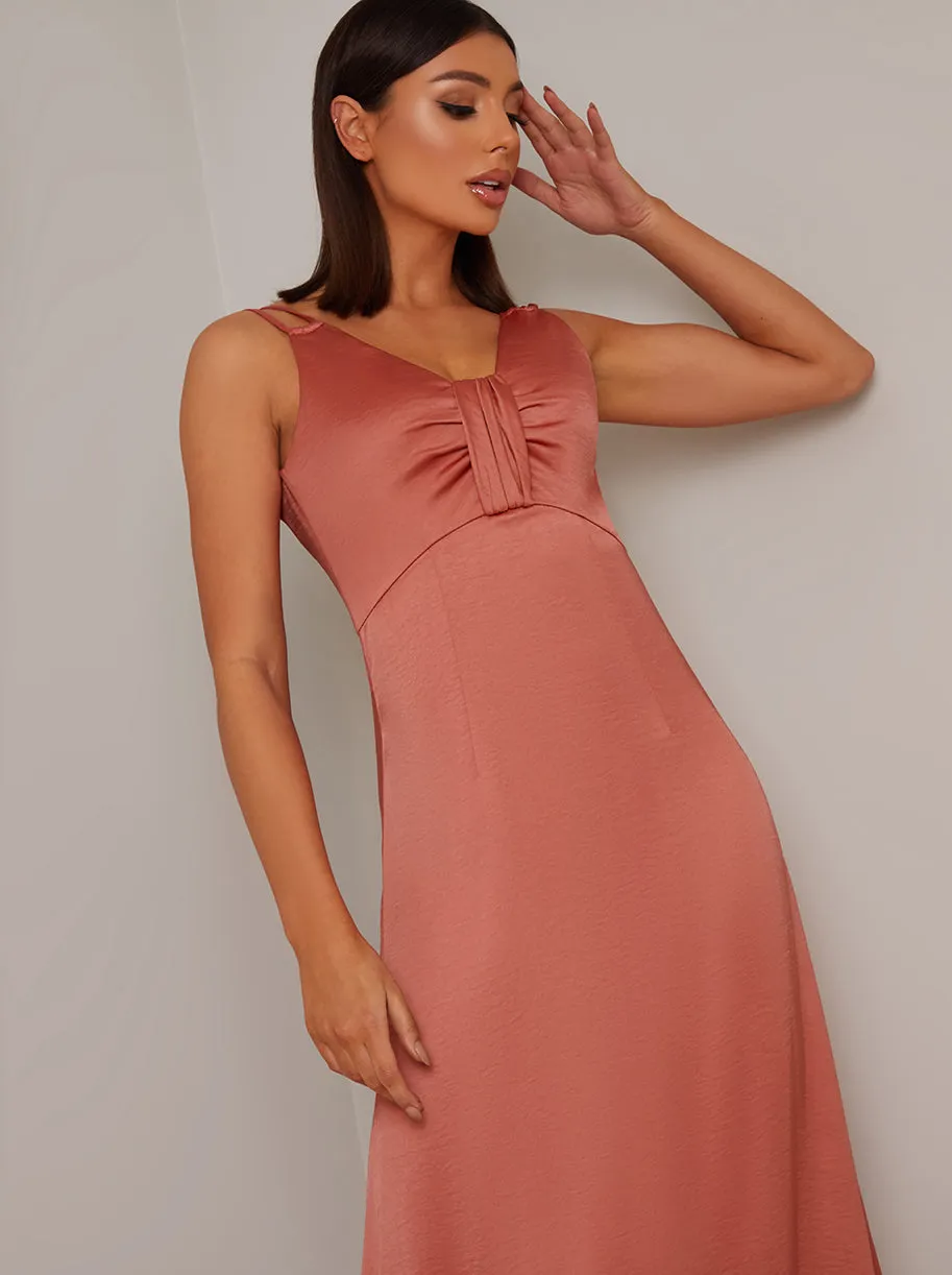 Tall Satin Ruched Detail Midi Dress in Orange sold by Chi Chi London product image thumbnail 3