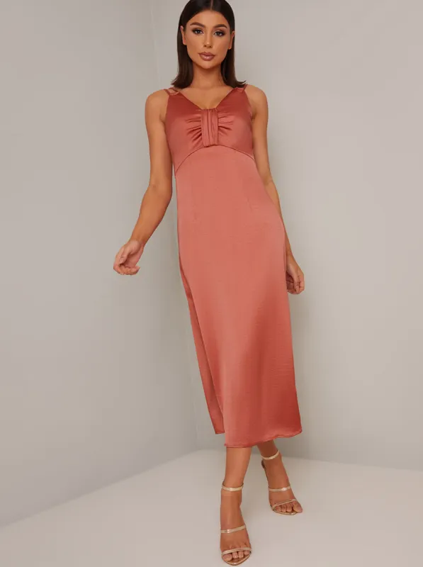 Tall Satin Ruched Detail Midi Dress in Orange sold by Chi Chi London