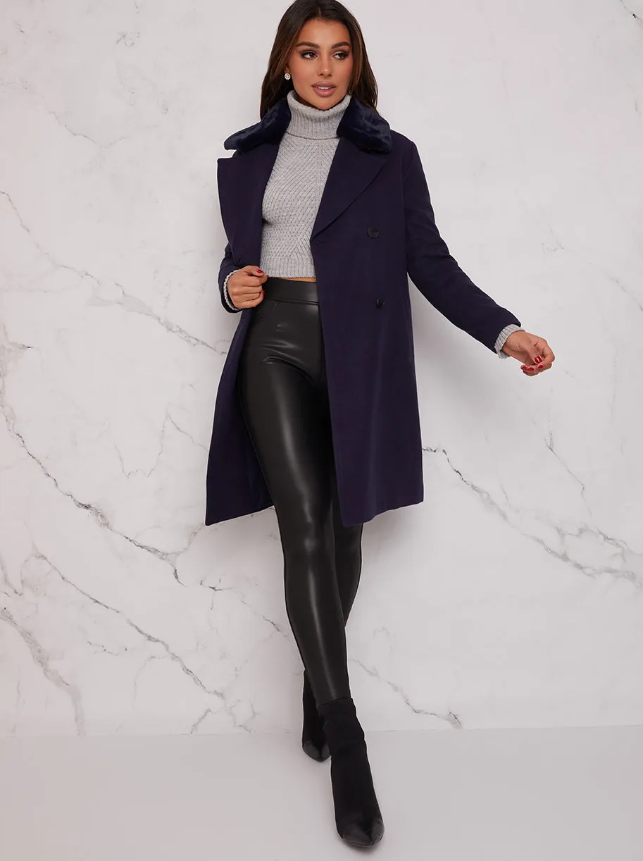 Structured Double Breasted Coat with Faux Fur Collar in Navy sold by Chi Chi London product image thumbnail 3