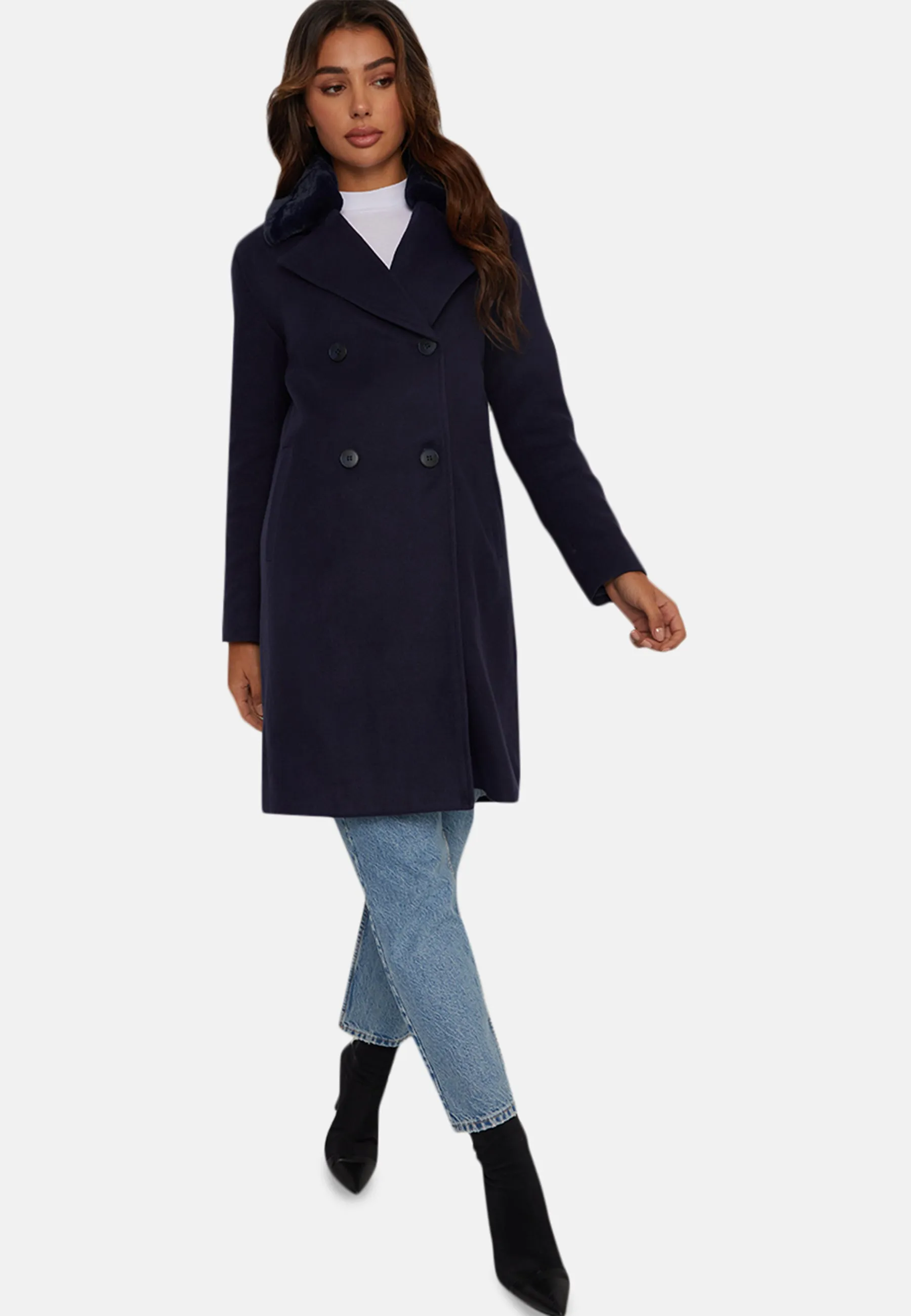 Structured Double Breasted Coat with Faux Fur Collar in Navy sold by Chi Chi London product image thumbnail 5