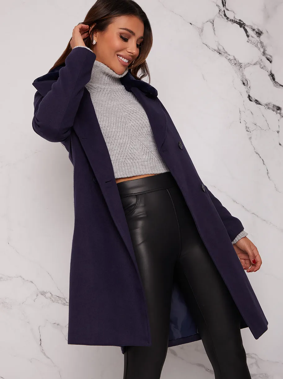 Structured Double Breasted Coat with Faux Fur Collar in Navy sold by Chi Chi London product image thumbnail 2