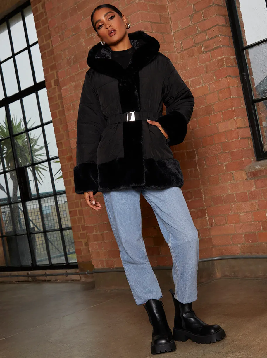 Faux Fur Belted Padded Coat in Black sold by Chi Chi London product image thumbnail 3