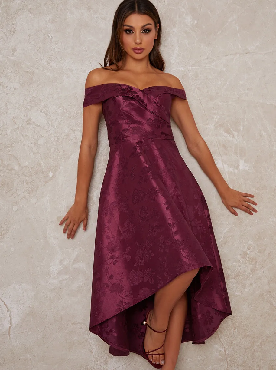 Dip Hem Dress with Floral Jaquared Design in Red sold by Chi Chi London product image thumbnail 2