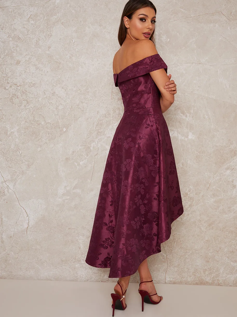 Dip Hem Dress with Floral Jaquared Design in Red sold by Chi Chi London product image thumbnail 4