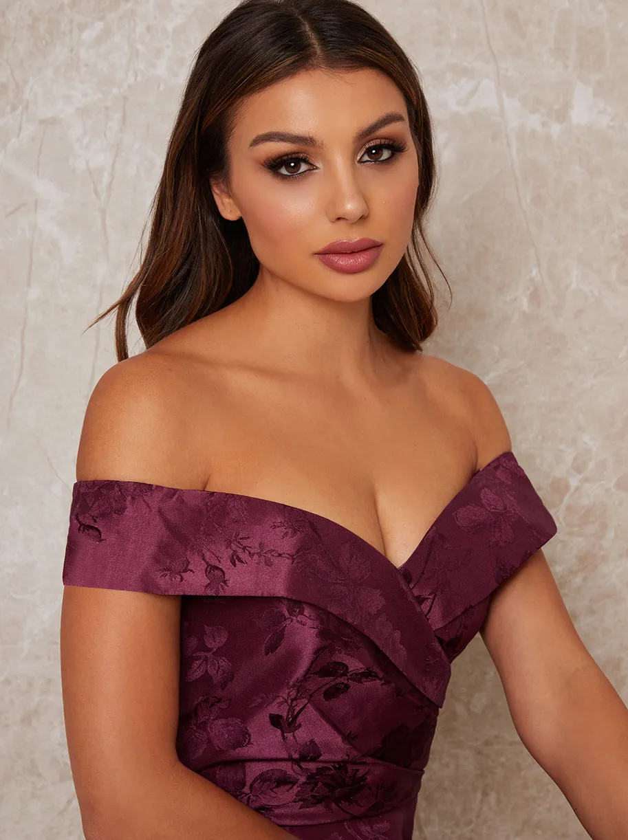 Dip Hem Dress with Floral Jaquared Design in Red sold by Chi Chi London product image thumbnail 3