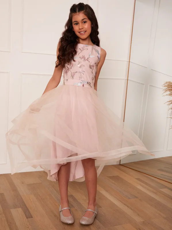 Older Girls Floral Embroidered Midi Dress in Pink sold by Chi Chi London