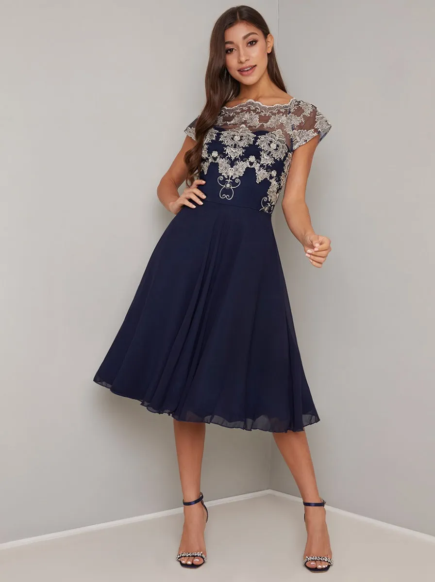 Cap Sleeved Lace Bodice Chiffon Midi Dress in Blue sold by Chi Chi London product image thumbnail 3