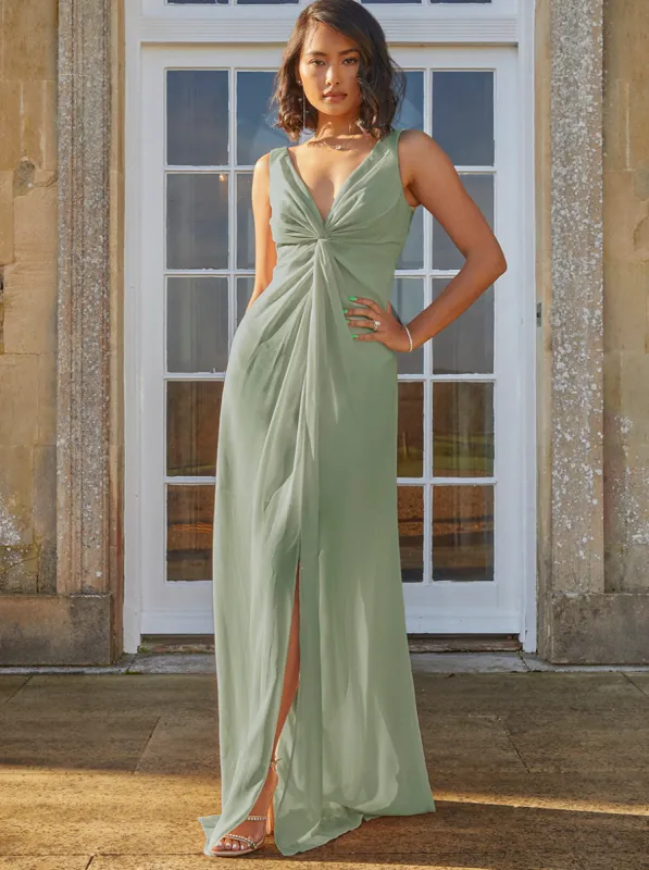 Petite Knot Detail Maxi Dress in Sage sold by Chi Chi London