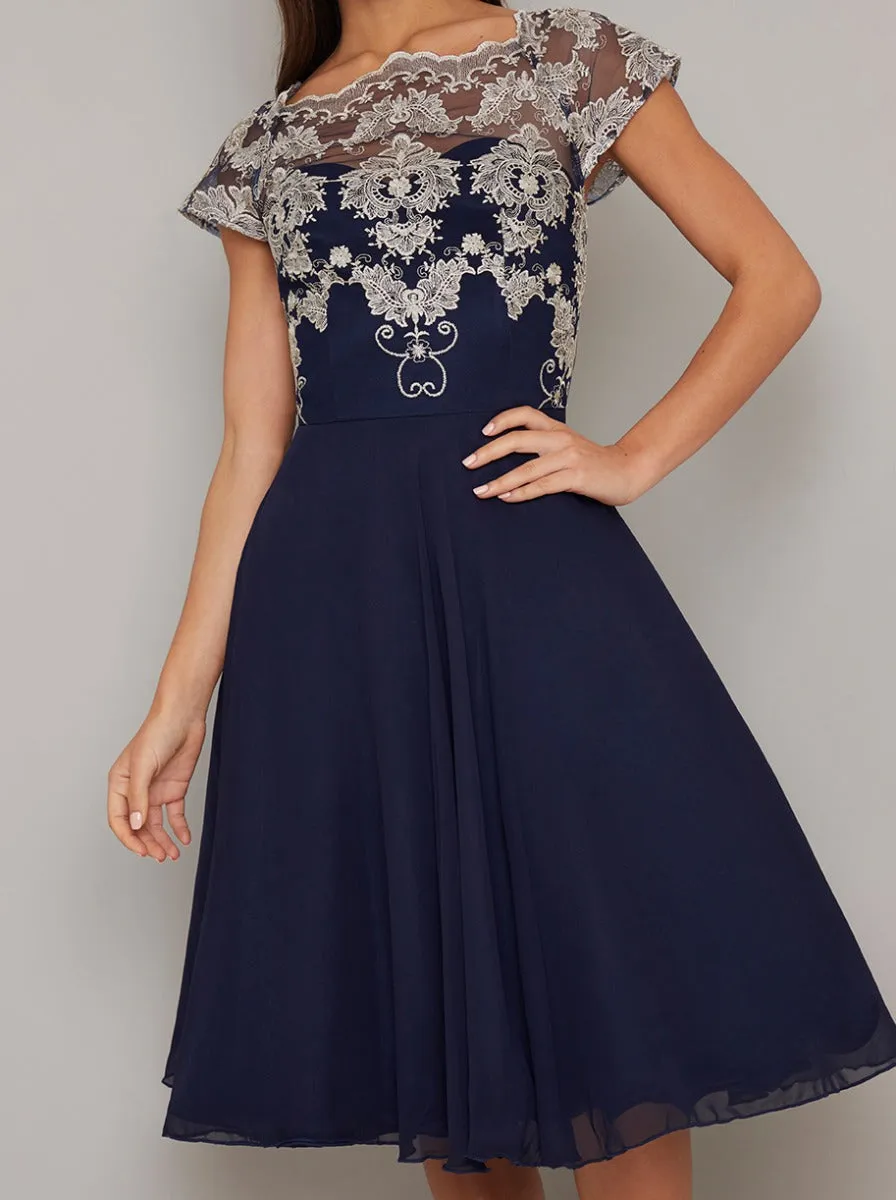 Cap Sleeved Lace Bodice Chiffon Midi Dress in Blue sold by Chi Chi London product image thumbnail 4