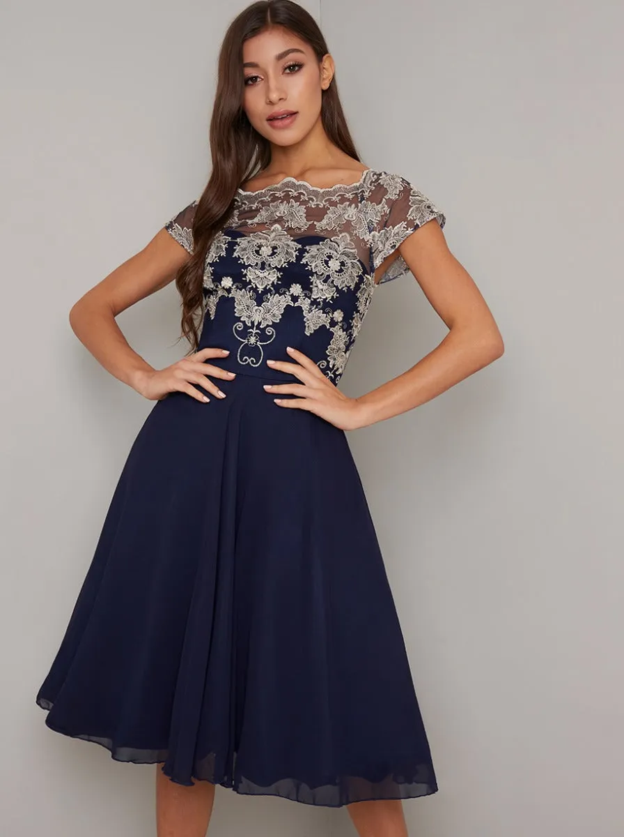Cap Sleeved Lace Bodice Chiffon Midi Dress in Blue sold by Chi Chi London