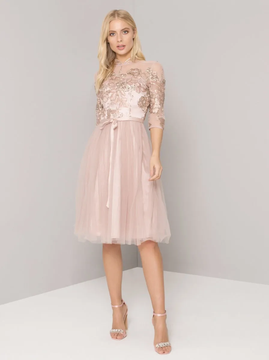 Sheer Lace 3/4 Sleeved Tulle Midi Dress in Pink sold by Chi Chi London product image thumbnail 3