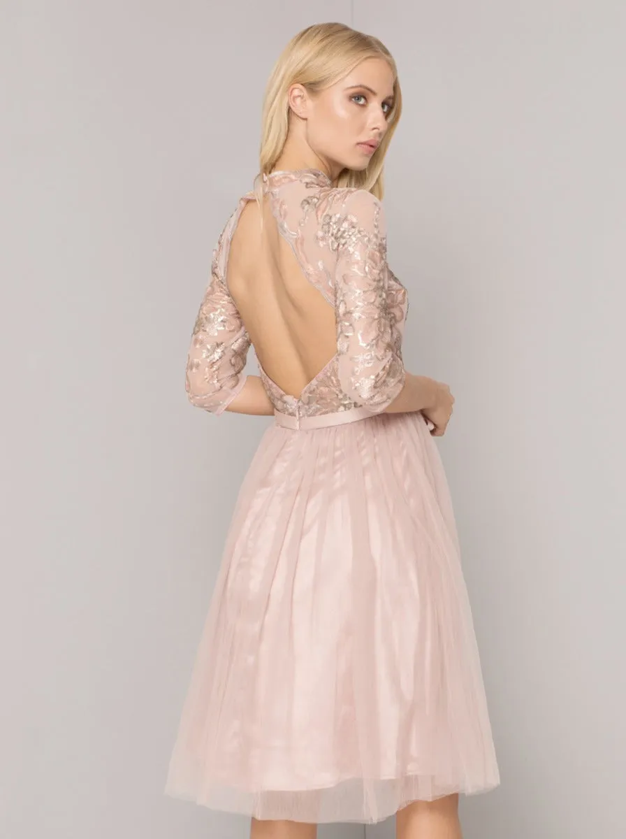 Sheer Lace 3/4 Sleeved Tulle Midi Dress in Pink sold by Chi Chi London product image thumbnail 4