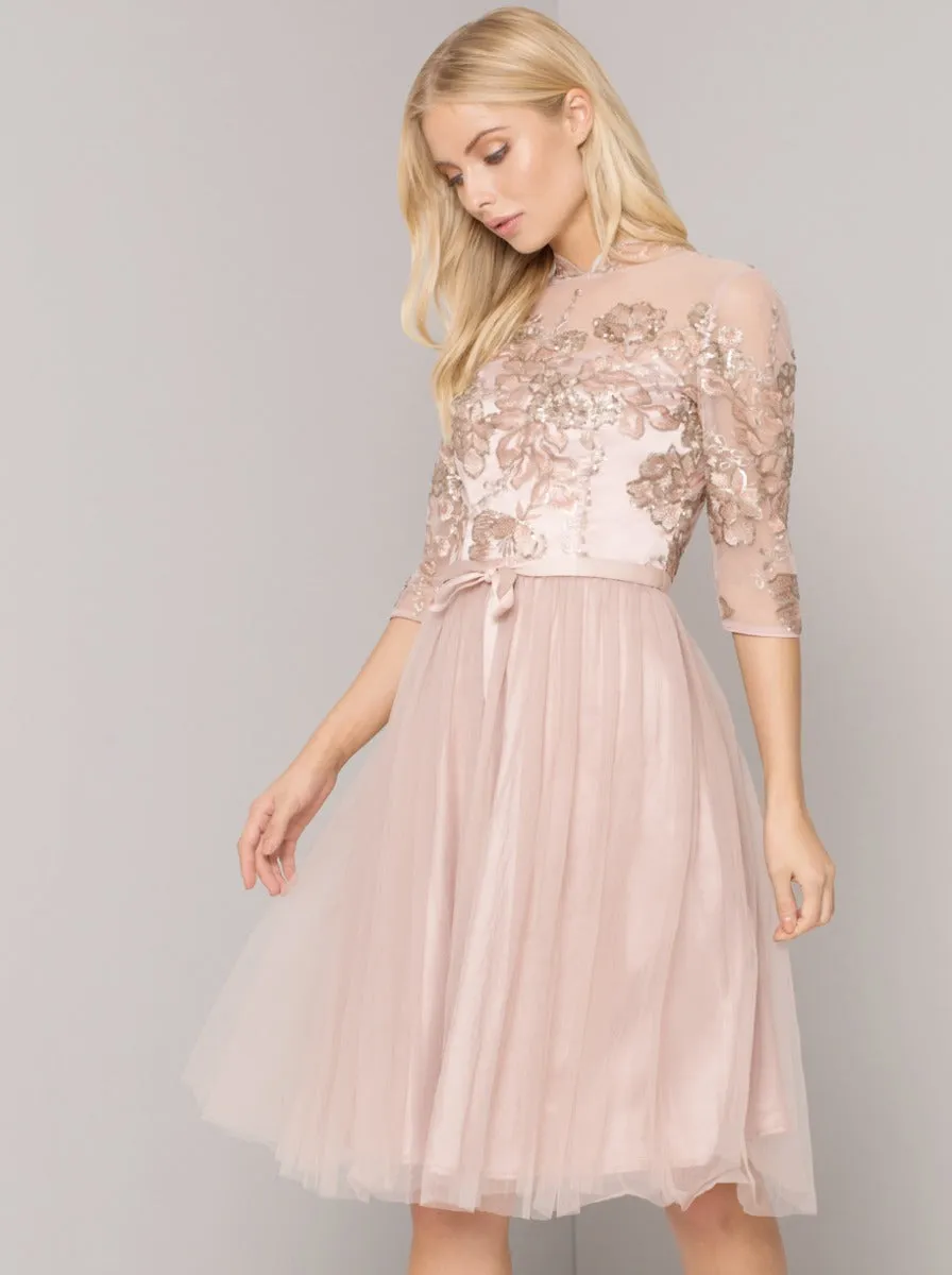 Sheer Lace 3/4 Sleeved Tulle Midi Dress in Pink sold by Chi Chi London