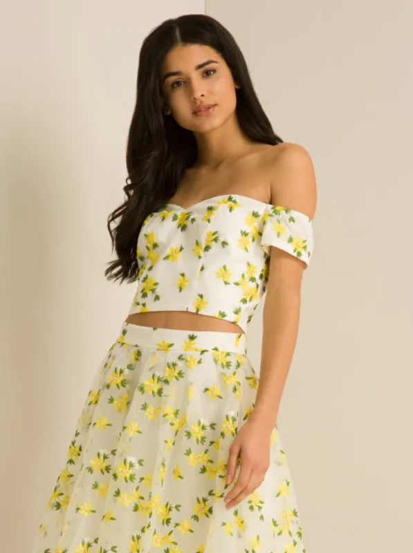 Bardot Floral Crop Top in Yellow sold by Chi Chi London