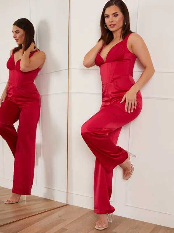 Petite Corset Style Wide Leg Satin Jumpsuit in Pink sold by Chi Chi London