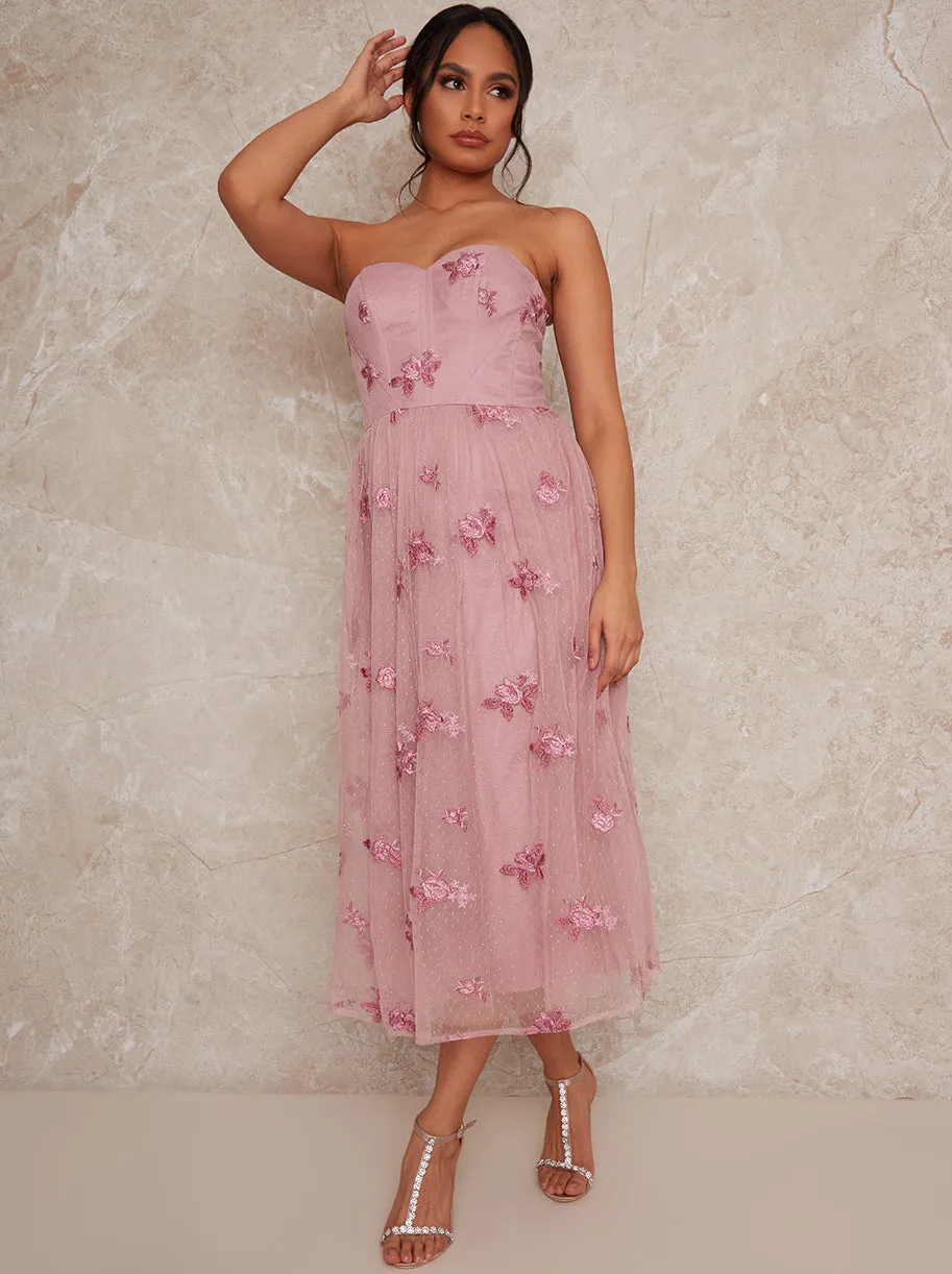 Bandeau Embroidered Midi Dress in Pink sold by Chi Chi London