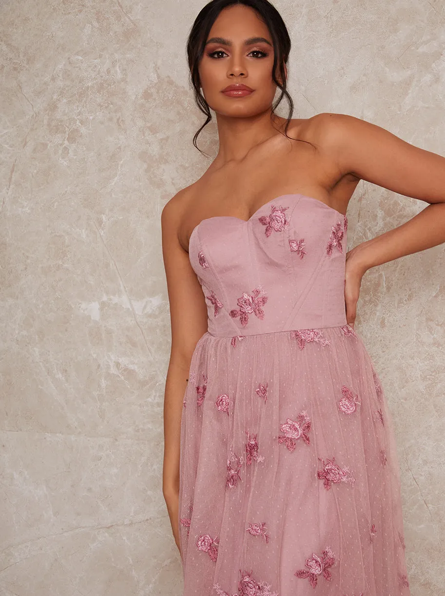 Bandeau Embroidered Midi Dress in Pink sold by Chi Chi London product image thumbnail 3