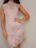 High Neck Crochet Bodycon Asymmetric Midi Dress in Pink sold by Chi Chi London