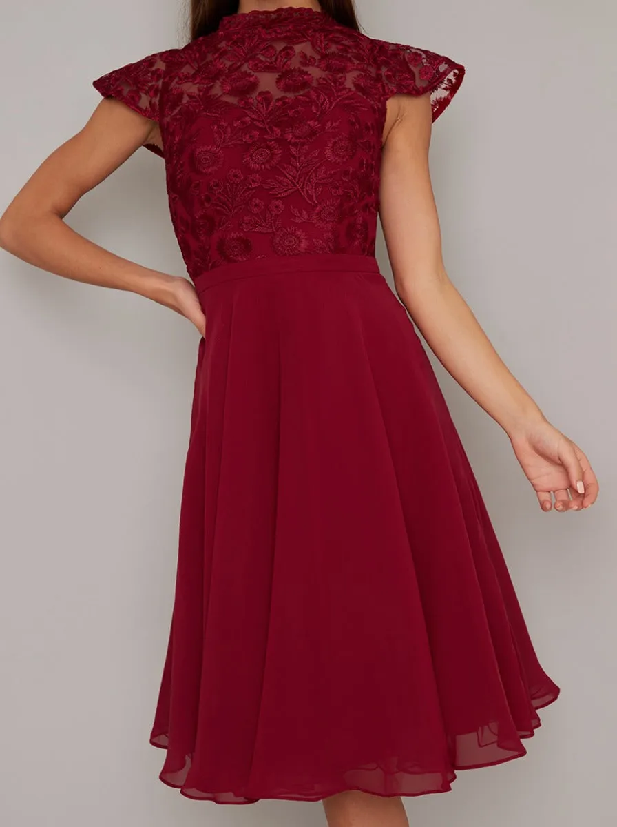 Lace Bodice Cap Sleeved Midi Dress in Red sold by Chi Chi London product image thumbnail 3