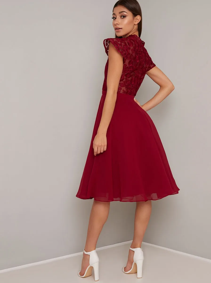 Lace Bodice Cap Sleeved Midi Dress in Red sold by Chi Chi London product image thumbnail 4