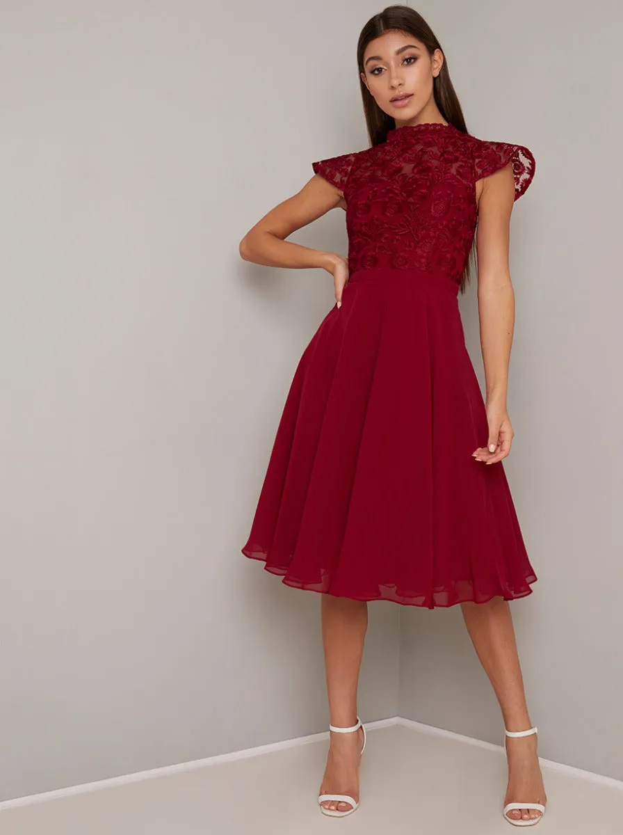Lace Bodice Cap Sleeved Midi Dress in Red sold by Chi Chi London