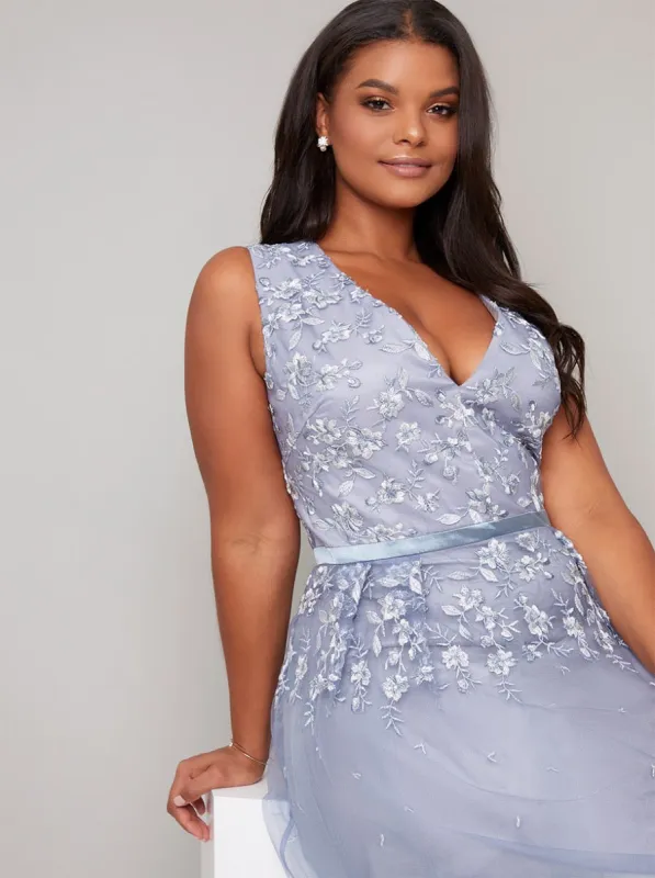 Plus Size V Neck Lace Sheer Midi Dress in Blue sold by Chi Chi London